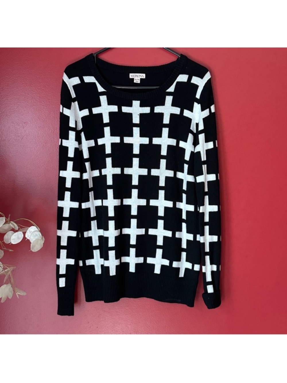 Merona Black & White Grid-Pattern Crewneck Sweater Size XL